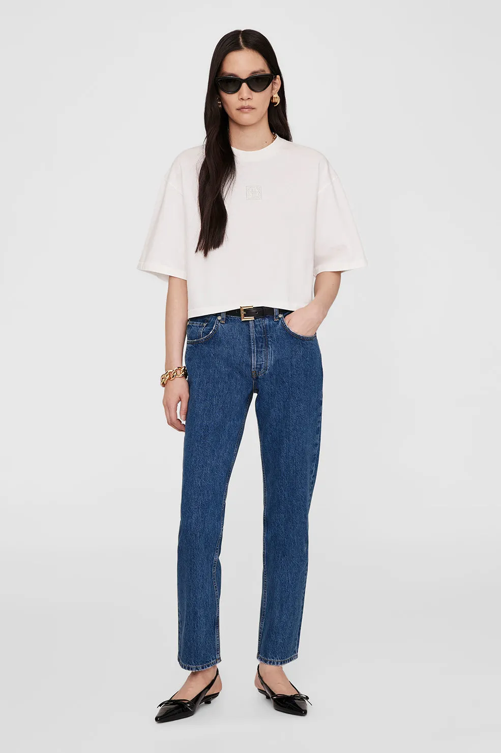 Anine Bing Myers Cropped Tee Framed Monogram in Ivory