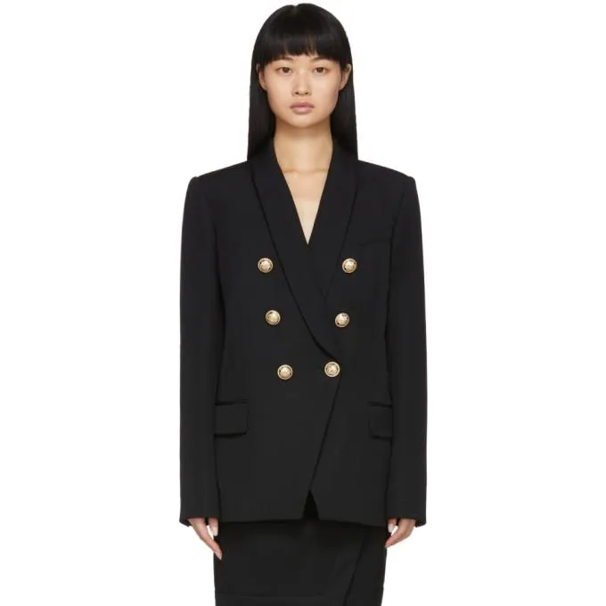 Balmain Black Grain De Poudre Oversized 6-Button Blazer