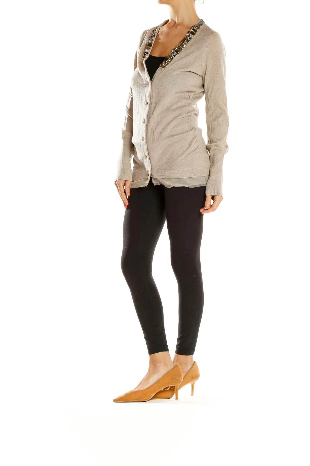 Beige Embellished V-Neck Cardigan