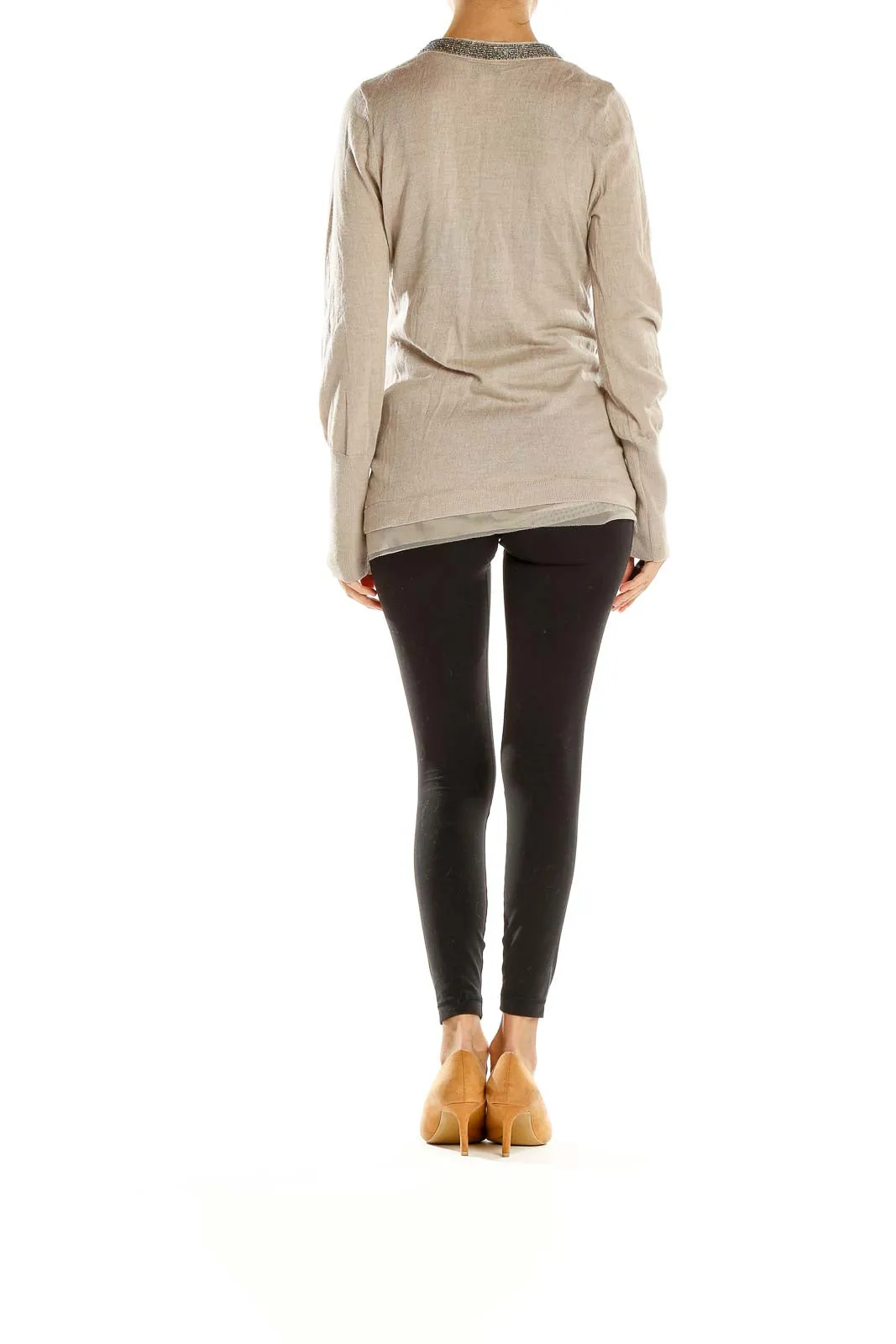 Beige Embellished V-Neck Cardigan