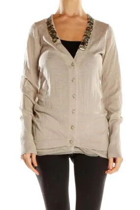 Beige Embellished V-Neck Cardigan