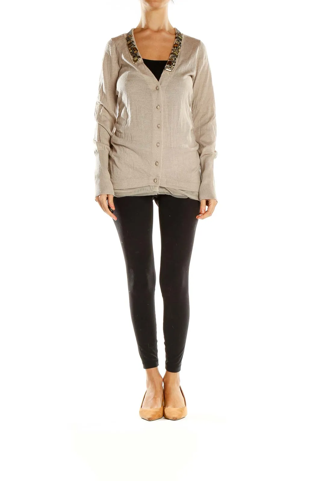 Beige Embellished V-Neck Cardigan