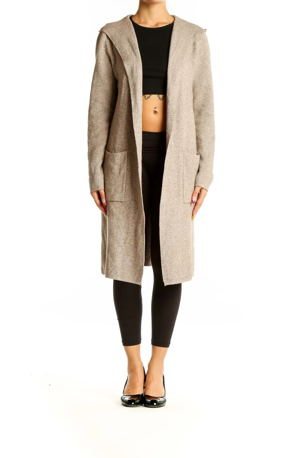 Beige Hooded Long Cardigan