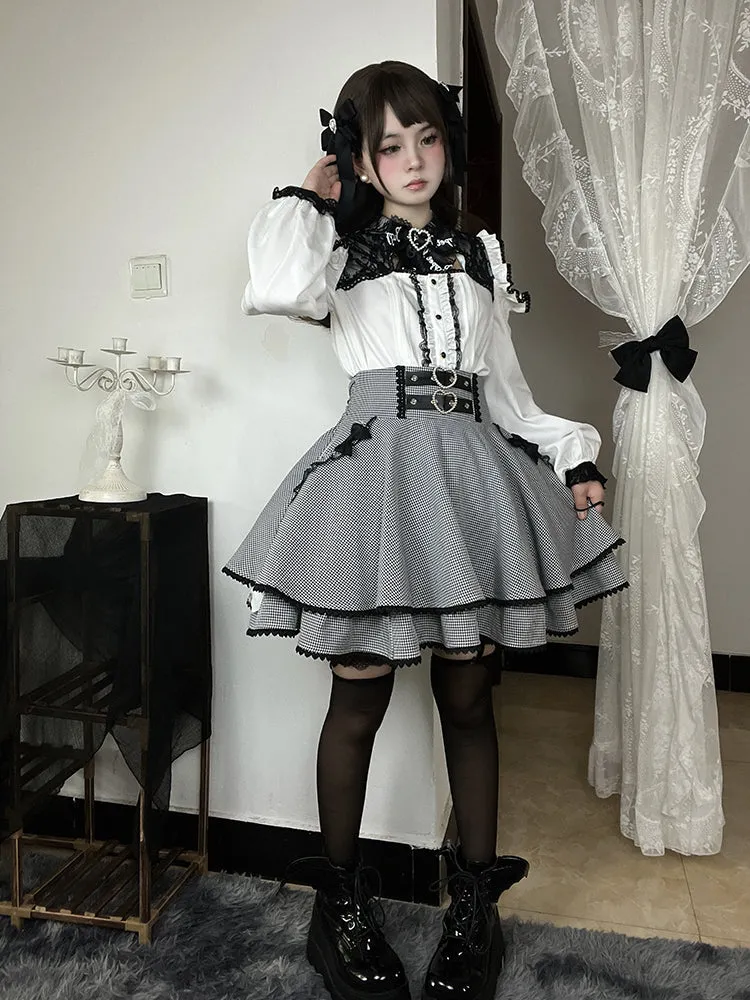 Black & White Houndstooth Double Heart Buckle Bowknot Jirai Kei Tiered Skirt