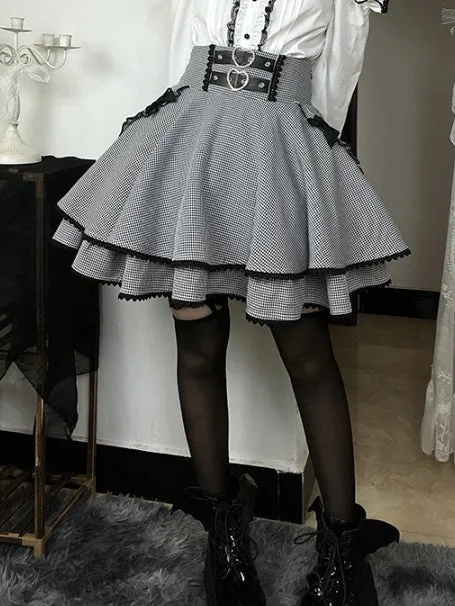 Black & White Houndstooth Double Heart Buckle Bowknot Jirai Kei Tiered Skirt