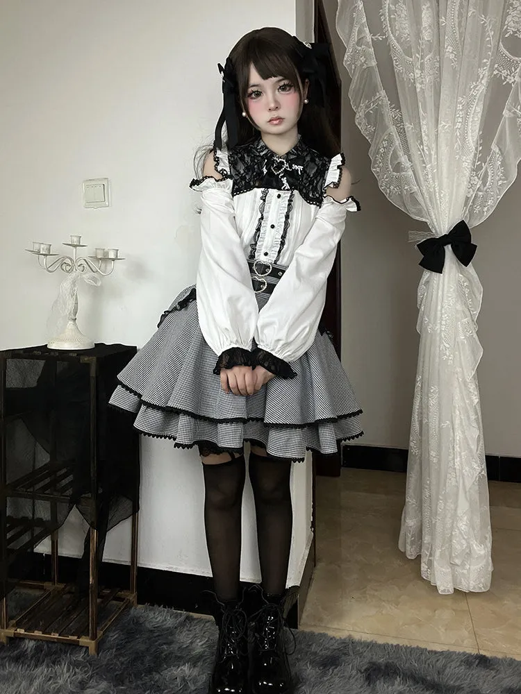 Black & White Houndstooth Double Heart Buckle Bowknot Jirai Kei Tiered Skirt
