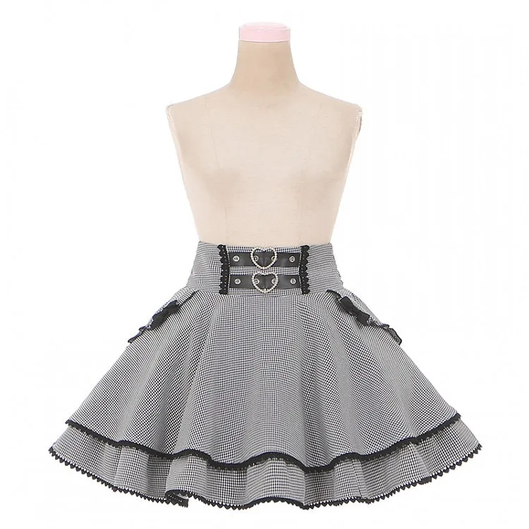 Black & White Houndstooth Double Heart Buckle Bowknot Jirai Kei Tiered Skirt