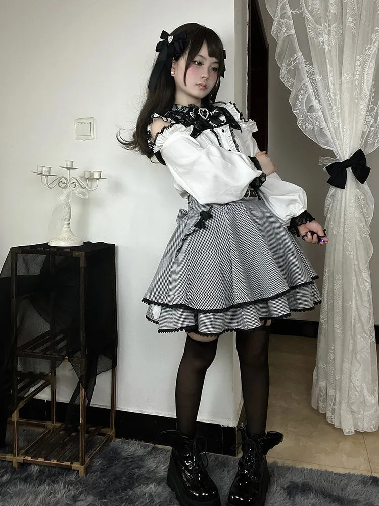 Black & White Houndstooth Double Heart Buckle Bowknot Jirai Kei Tiered Skirt