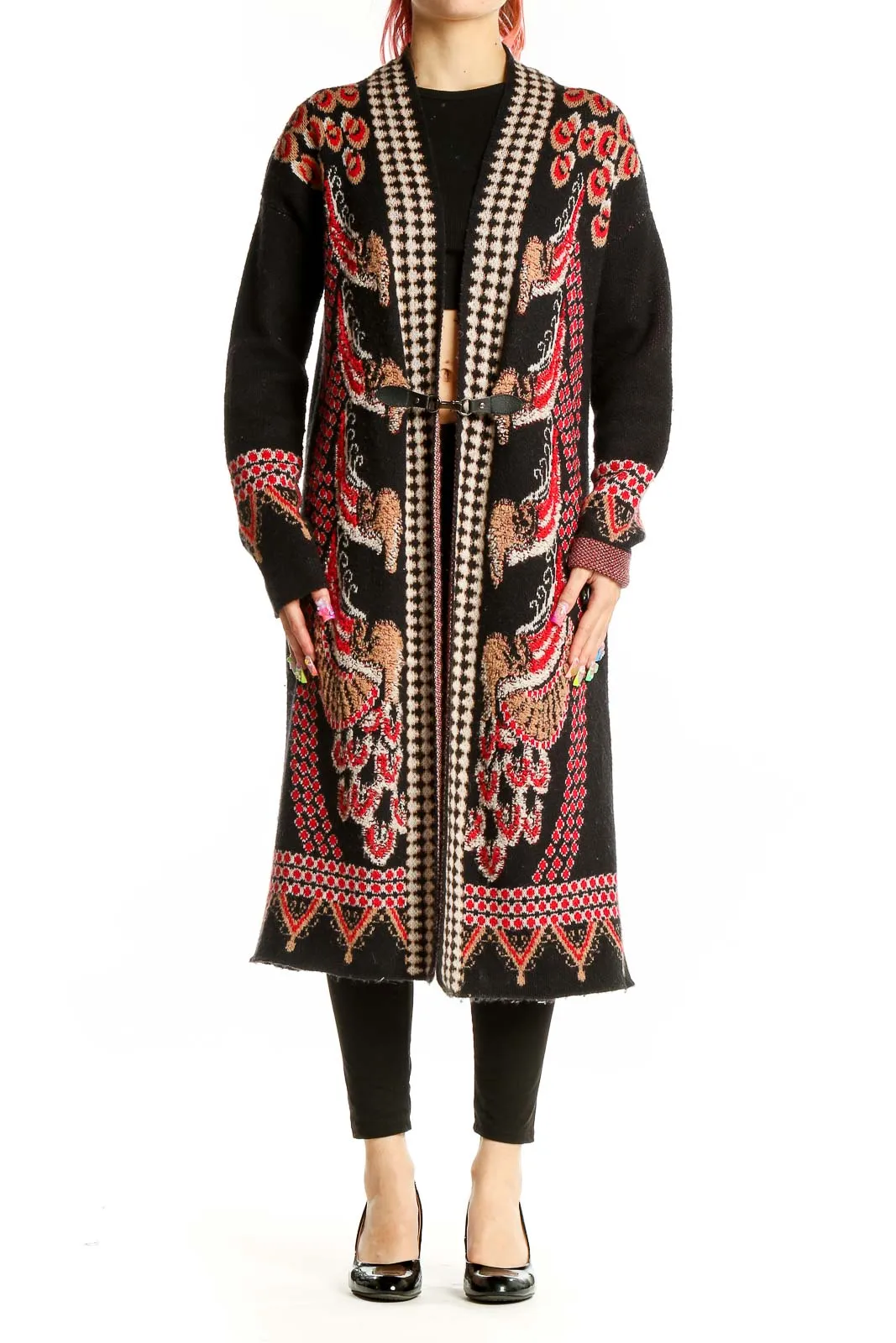 Black Floral Embroidered Long Cardigan