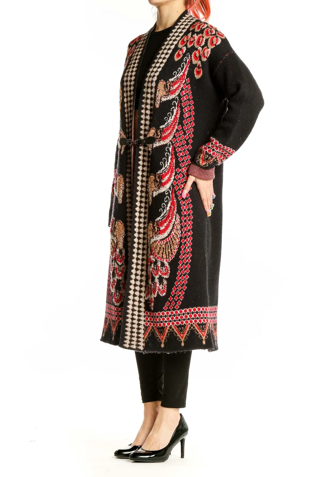 Black Floral Embroidered Long Cardigan