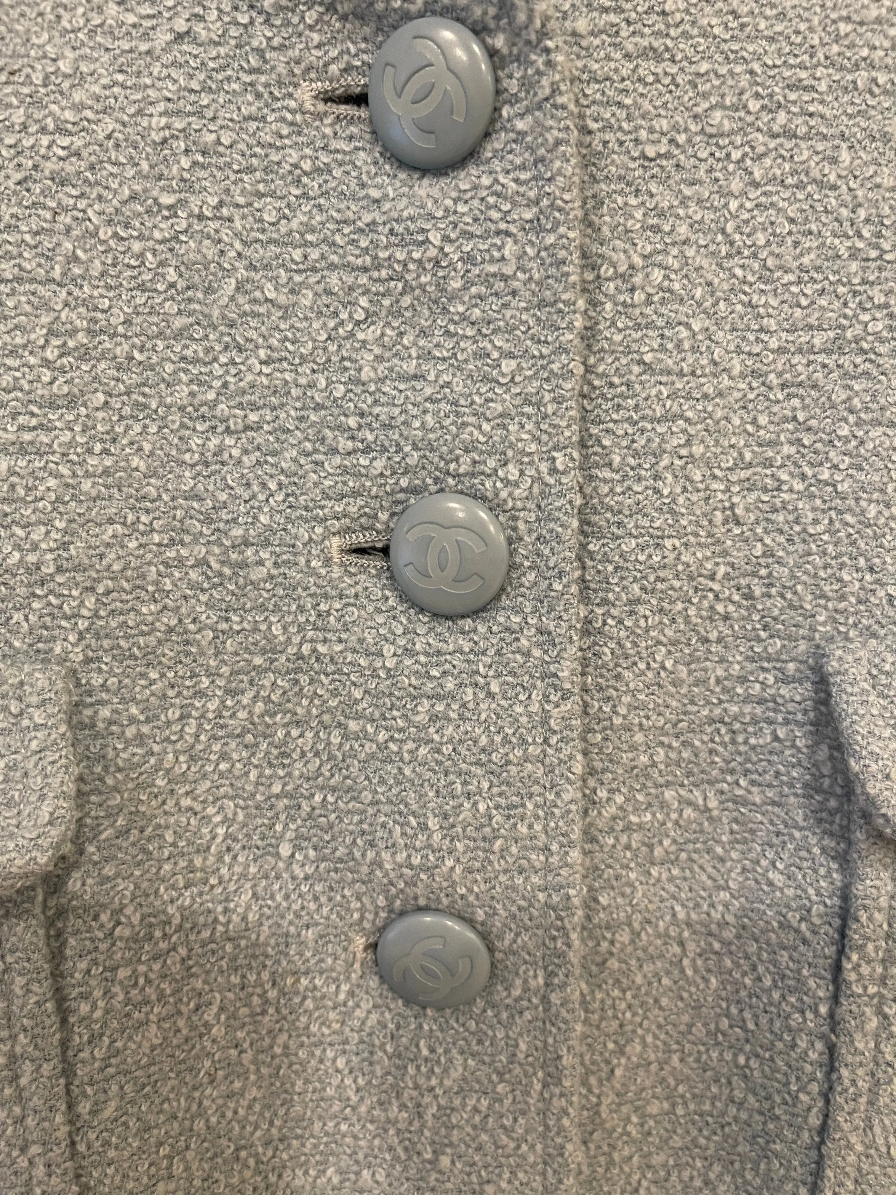 Chanel 96C Baby Blue Long Tweed Jacket with CC Button Details Size FR 44 (UK 16)