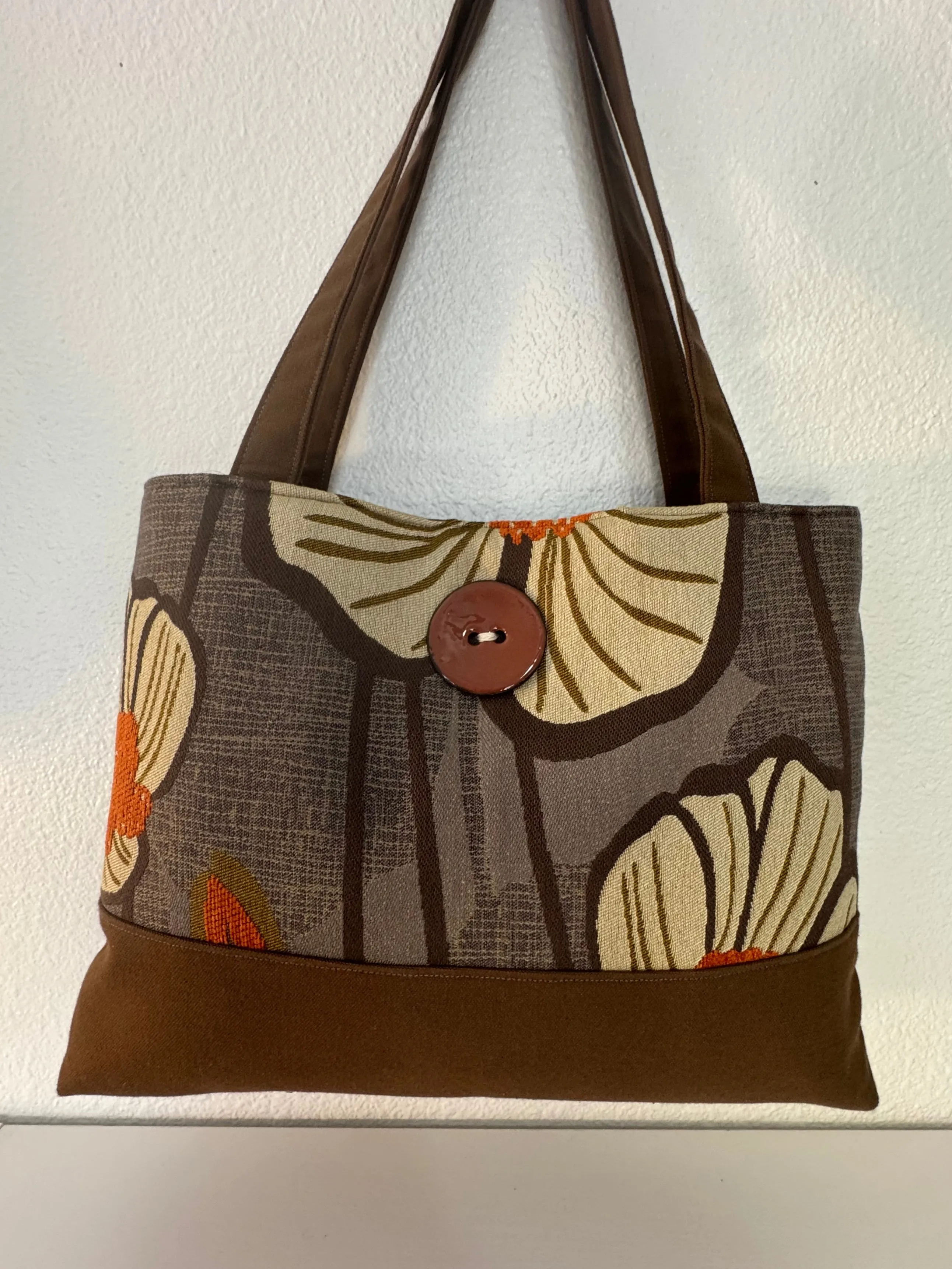 Gold and Brown Floral Handbag Tote Purse with Button