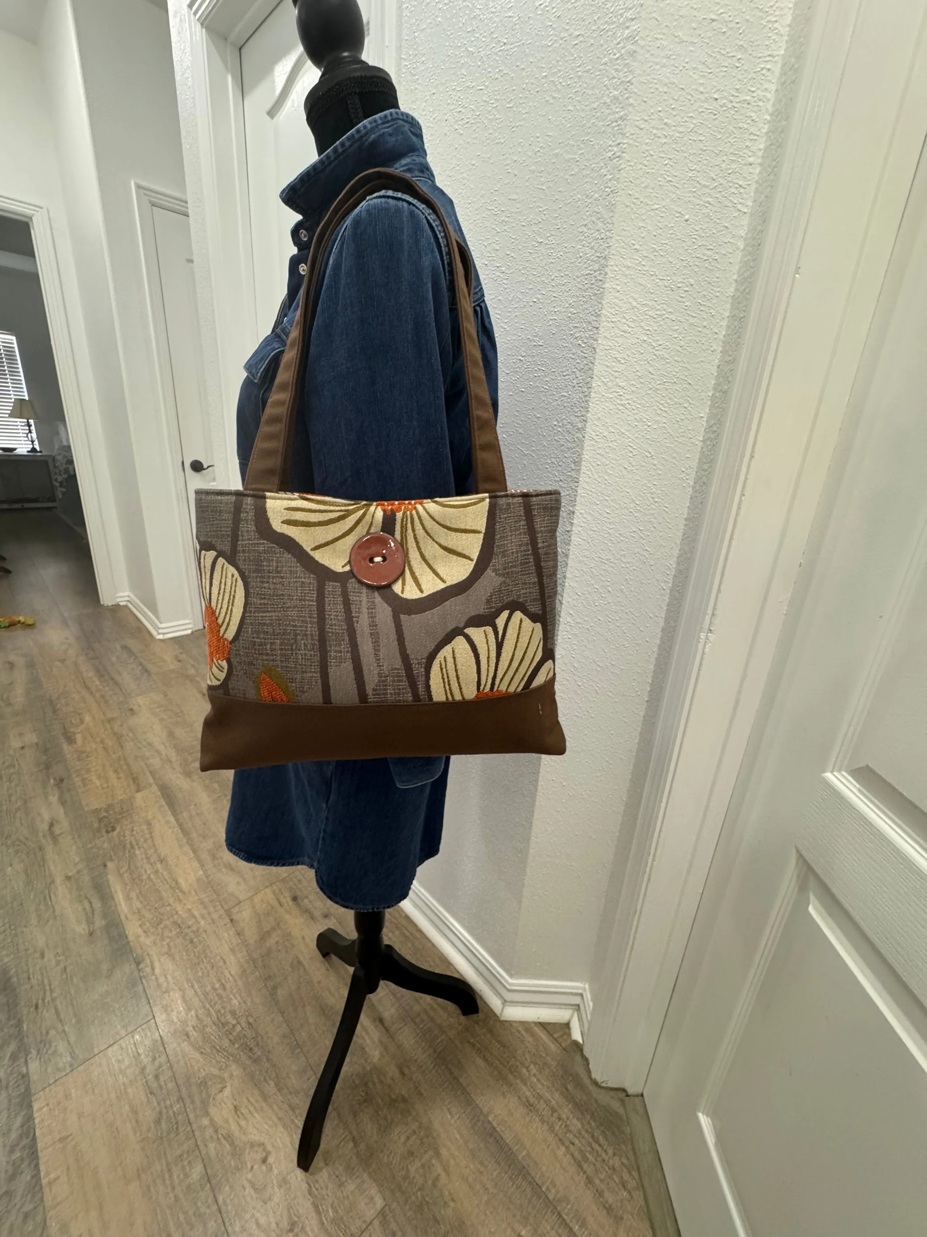 Gold and Brown Floral Handbag Tote Purse with Button