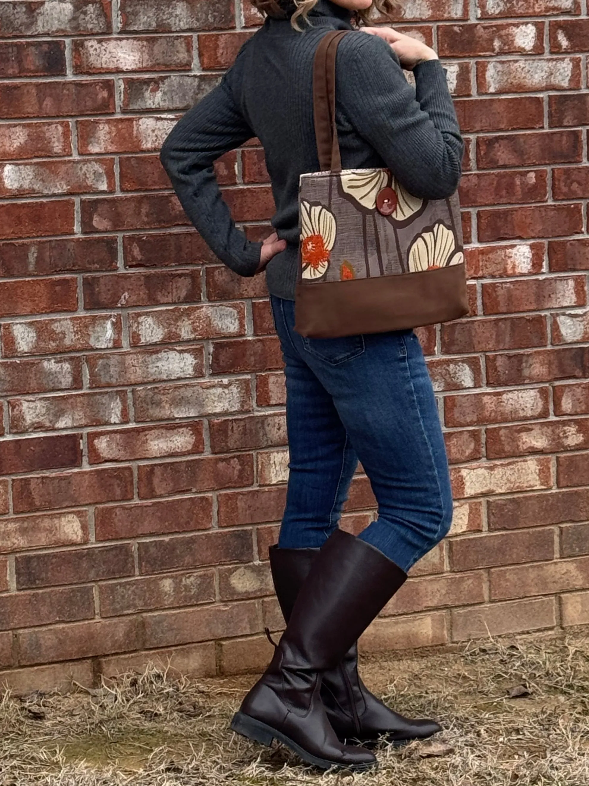 Gold and Brown Floral Handbag Tote Purse with Button