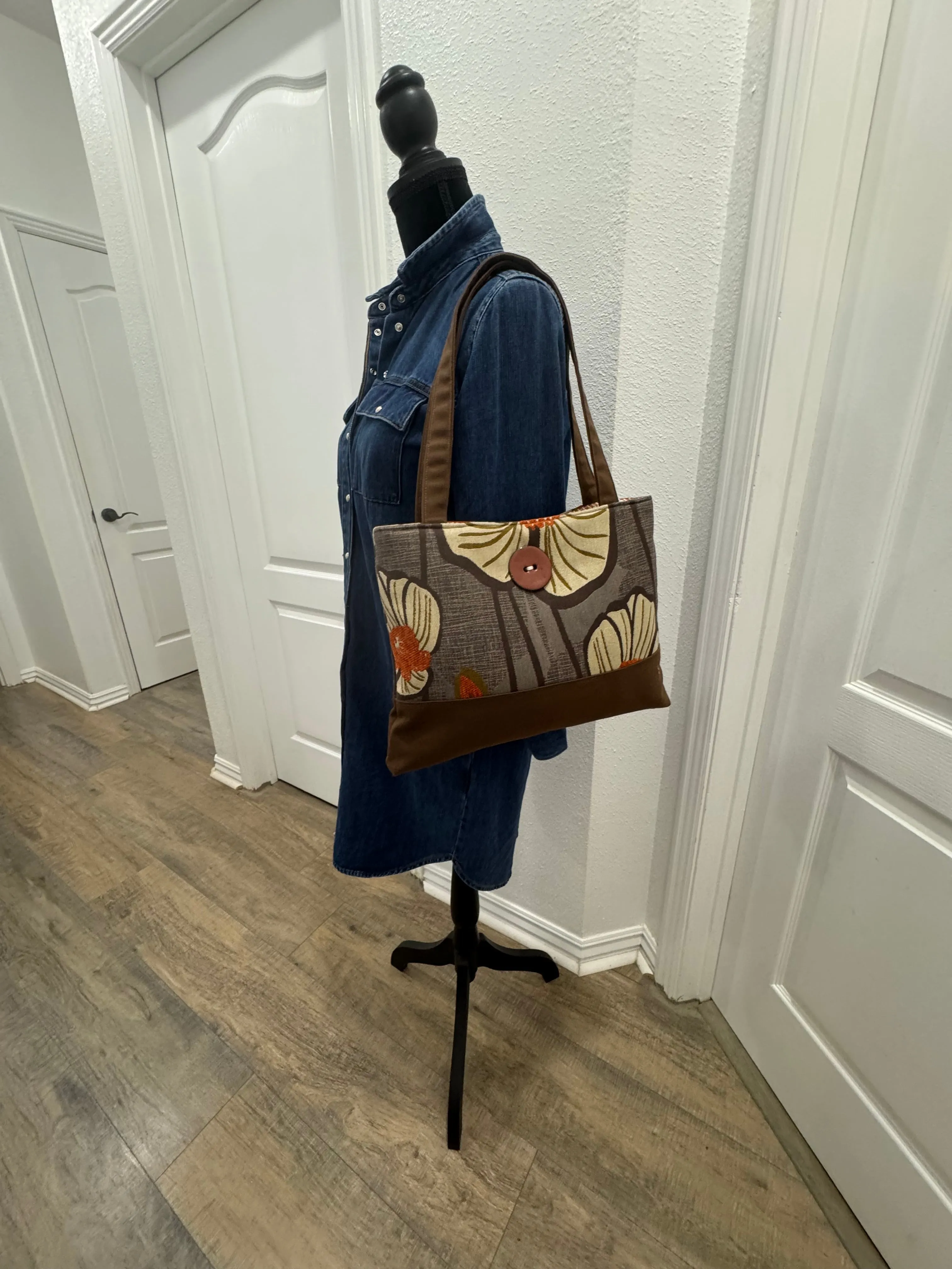 Gold and Brown Floral Handbag Tote Purse with Button