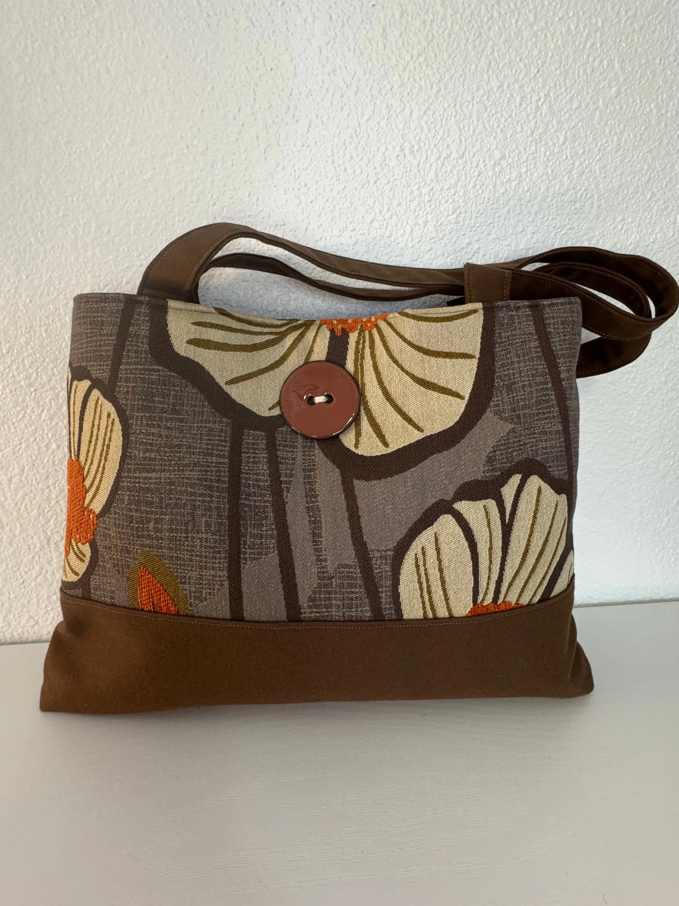 Gold and Brown Floral Handbag Tote Purse with Button