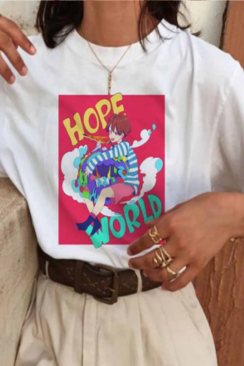 hulianfu Cute Colorful Letters Print Short Sleeve Tops