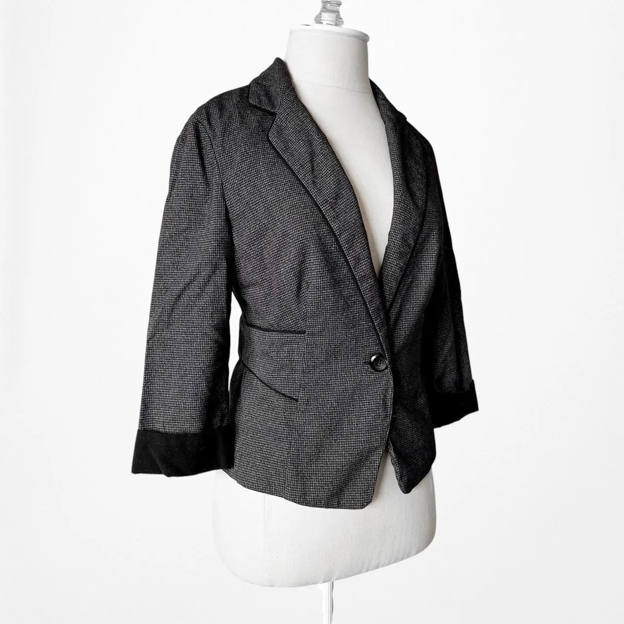 Iz Byer Gray Houndstooth Cropped Single Button Front Blazer Jacket Size XS/S