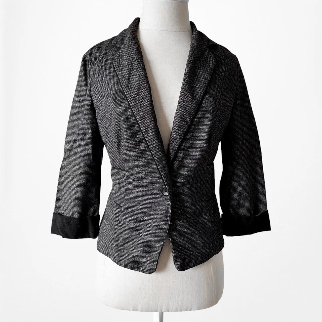 Iz Byer Gray Houndstooth Cropped Single Button Front Blazer Jacket Size XS/S
