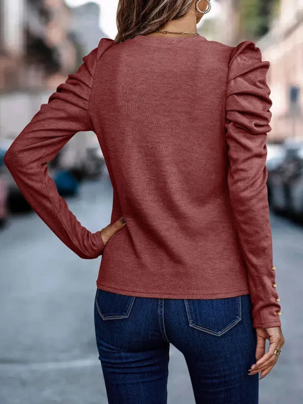 Puff Sleeve Blouse - Fall Pleated Fitted Top