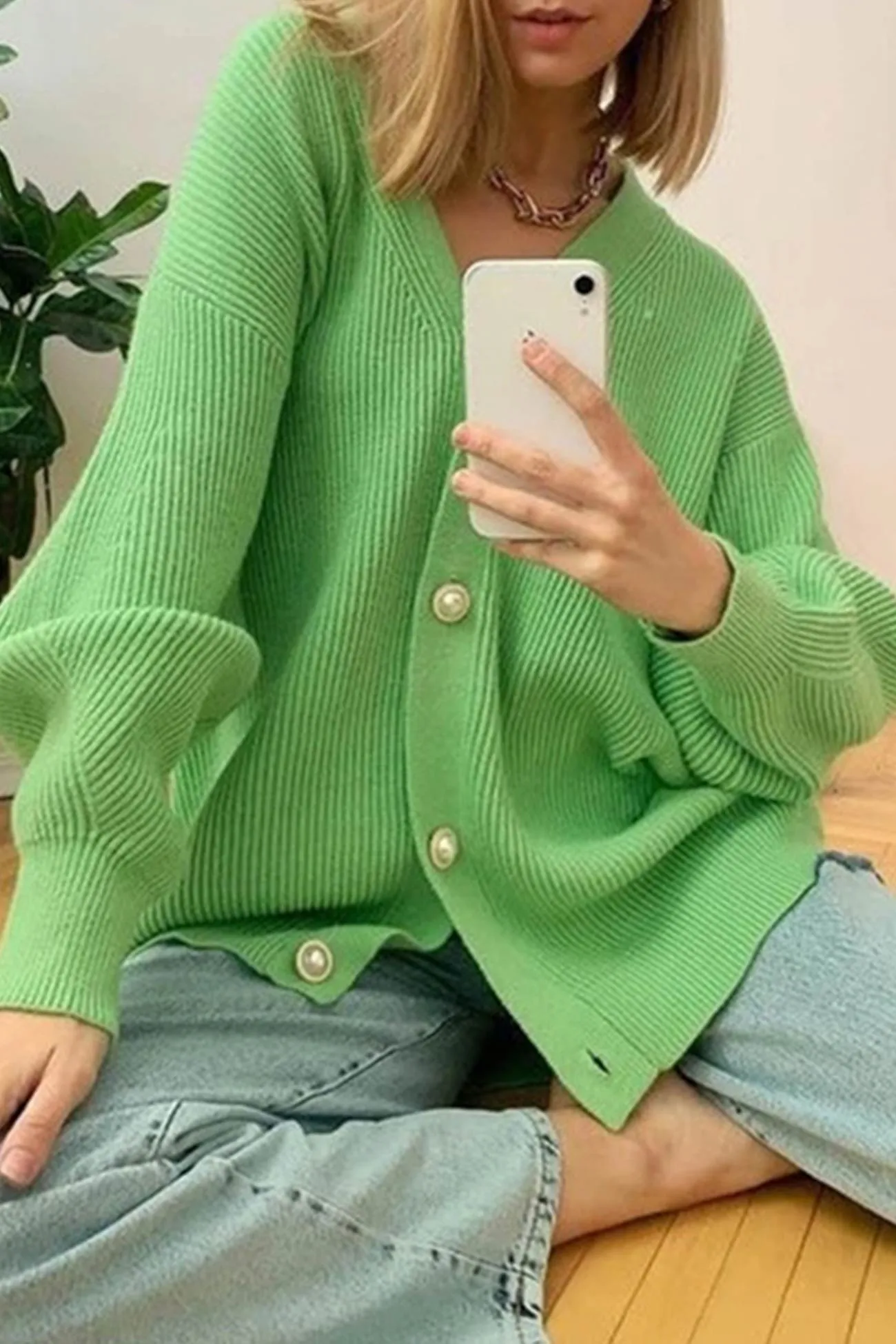 TastyHottie - Pearl Button Puff Sleeve Cardigan