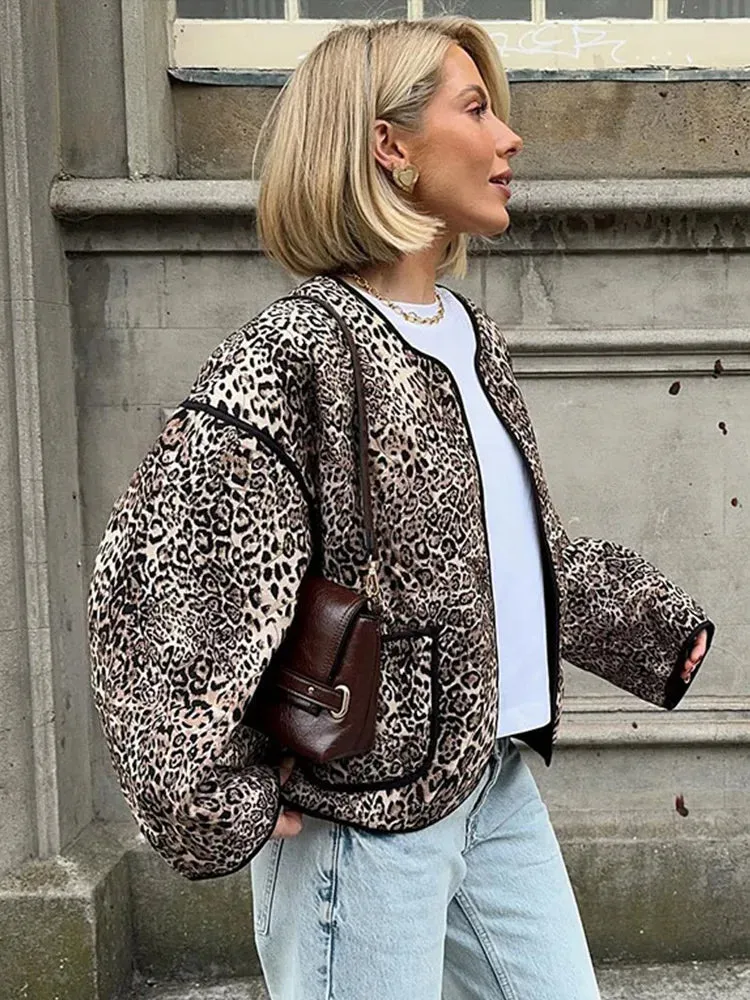 UAKISS  -  Retro Leopard Print Pockets Coats For Women Fashion Patchwork Edge Casual Long Sleeve Bomber Jacket Female Autumn Chic Outerwear