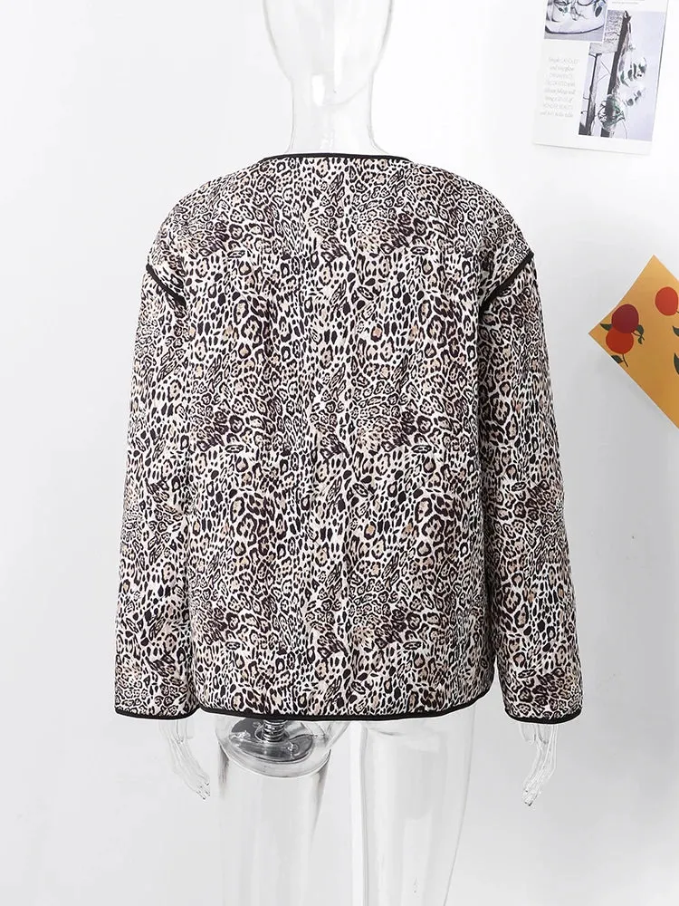 UAKISS  -  Retro Leopard Print Pockets Coats For Women Fashion Patchwork Edge Casual Long Sleeve Bomber Jacket Female Autumn Chic Outerwear