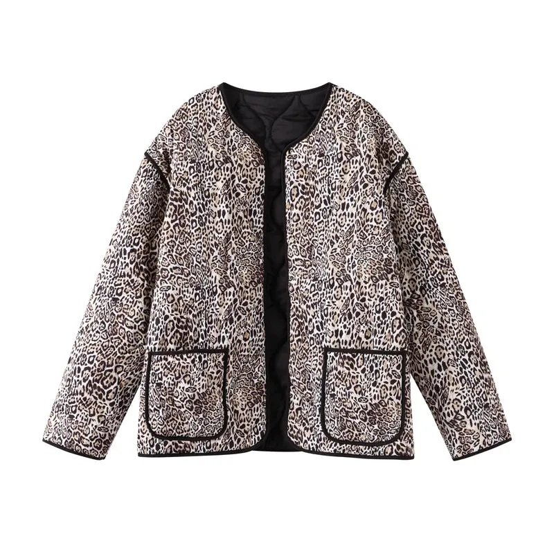 UAKISS  -  Retro Leopard Print Pockets Coats For Women Fashion Patchwork Edge Casual Long Sleeve Bomber Jacket Female Autumn Chic Outerwear