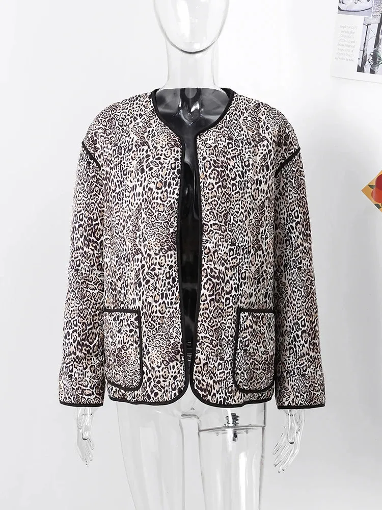 UAKISS  -  Retro Leopard Print Pockets Coats For Women Fashion Patchwork Edge Casual Long Sleeve Bomber Jacket Female Autumn Chic Outerwear
