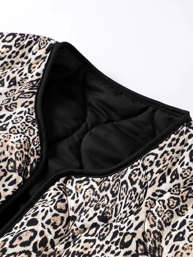 UAKISS  -  Retro Leopard Print Pockets Coats For Women Fashion Patchwork Edge Casual Long Sleeve Bomber Jacket Female Autumn Chic Outerwear