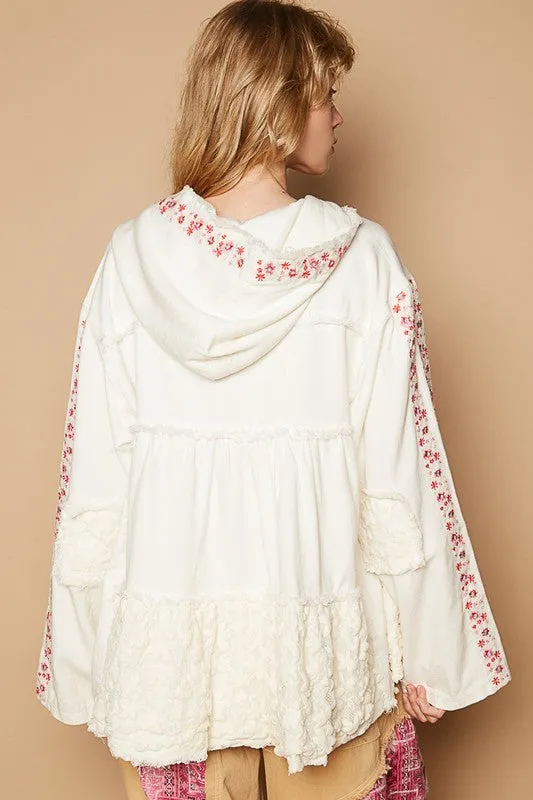 White Embroidered Lace Patch Zip-Up Hooded Jacket