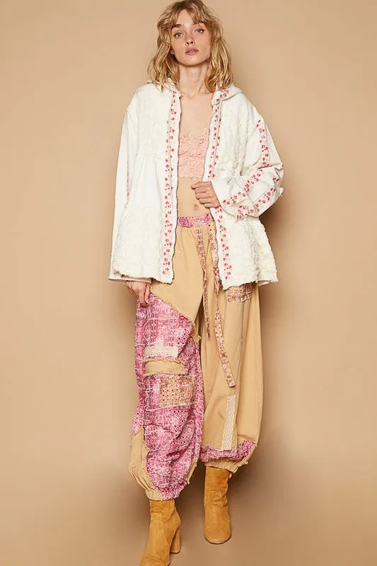 White Embroidered Lace Patch Zip-Up Hooded Jacket