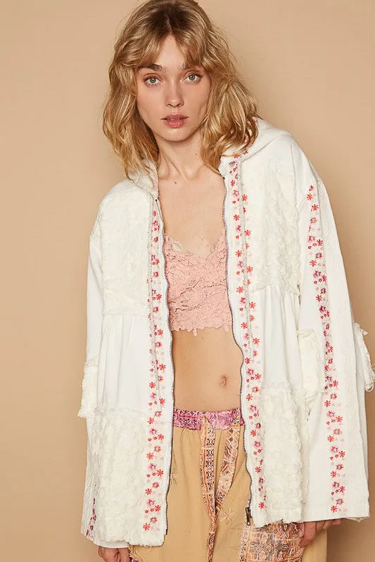 White Embroidered Lace Patch Zip-Up Hooded Jacket