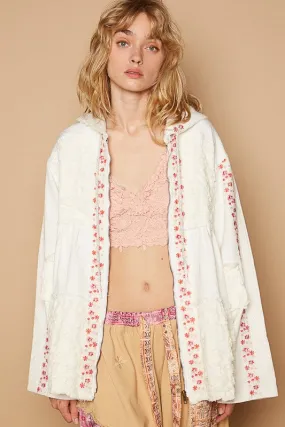 White Embroidered Lace Patch Zip-Up Hooded Jacket