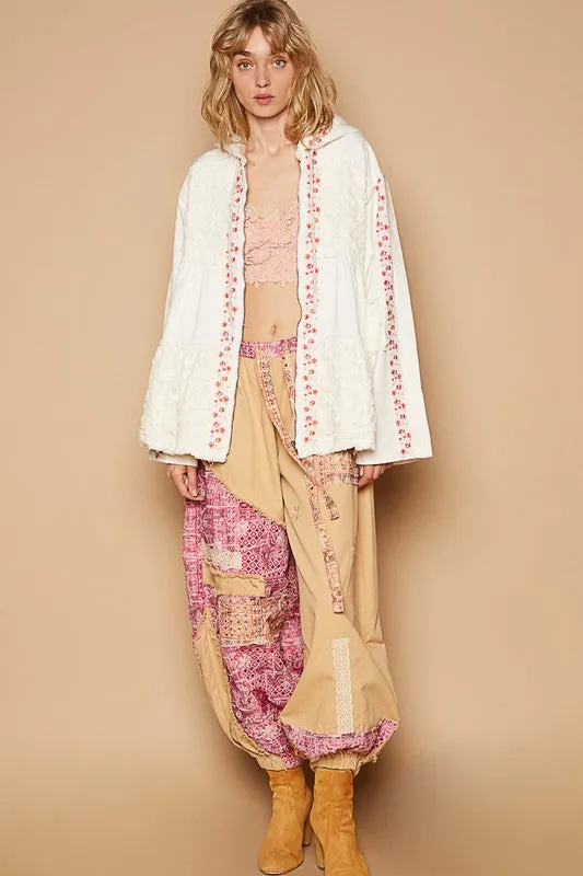 White Embroidered Lace Patch Zip-Up Hooded Jacket