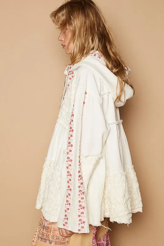 White Embroidered Lace Patch Zip-Up Hooded Jacket