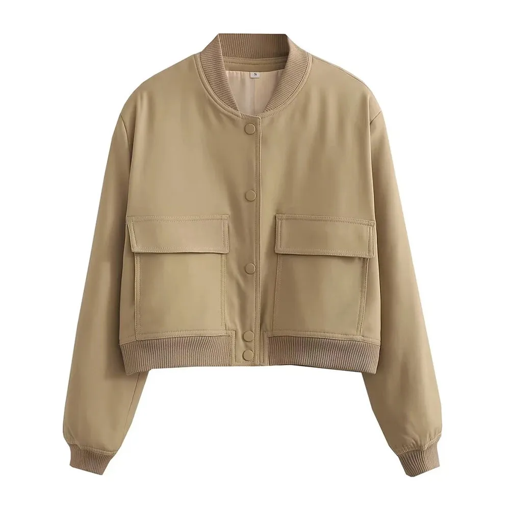 ZRN Women's Vintage Bomber Jacket with Pockets - Long Sleeve Button-Up Chic Outerwear