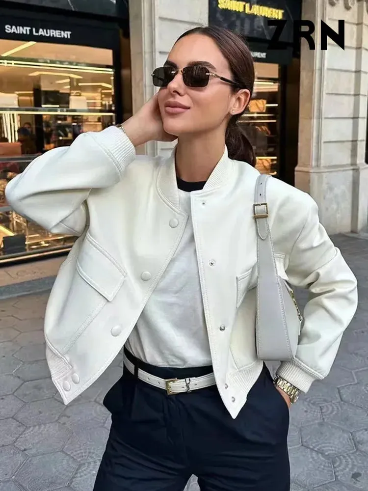 ZRN Women's Vintage Bomber Jacket with Pockets - Long Sleeve Button-Up Chic Outerwear
