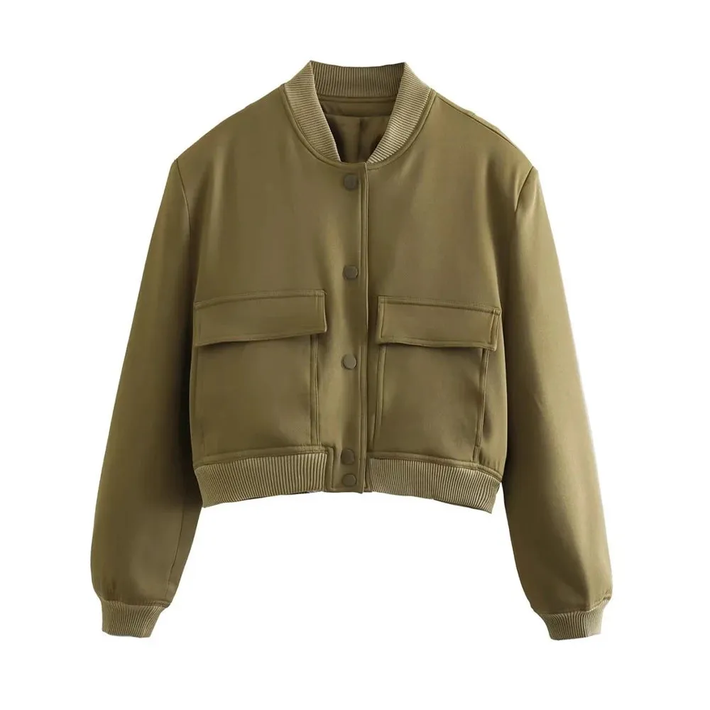 ZRN Women's Vintage Bomber Jacket with Pockets - Long Sleeve Button-Up Chic Outerwear