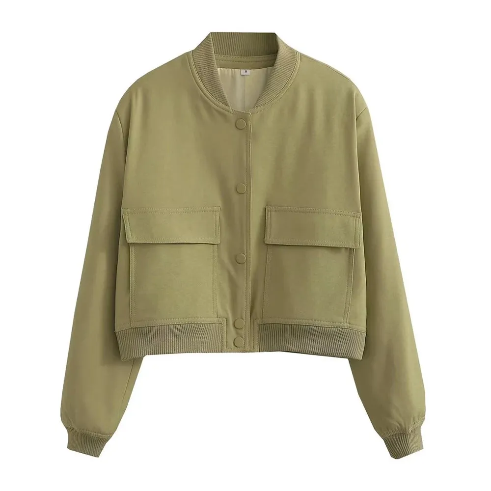 ZRN Women's Vintage Bomber Jacket with Pockets - Long Sleeve Button-Up Chic Outerwear