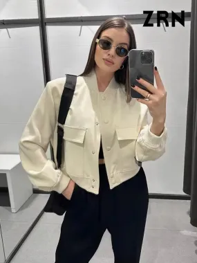 ZRN Women's Vintage Bomber Jacket with Pockets - Long Sleeve Button-Up Chic Outerwear
