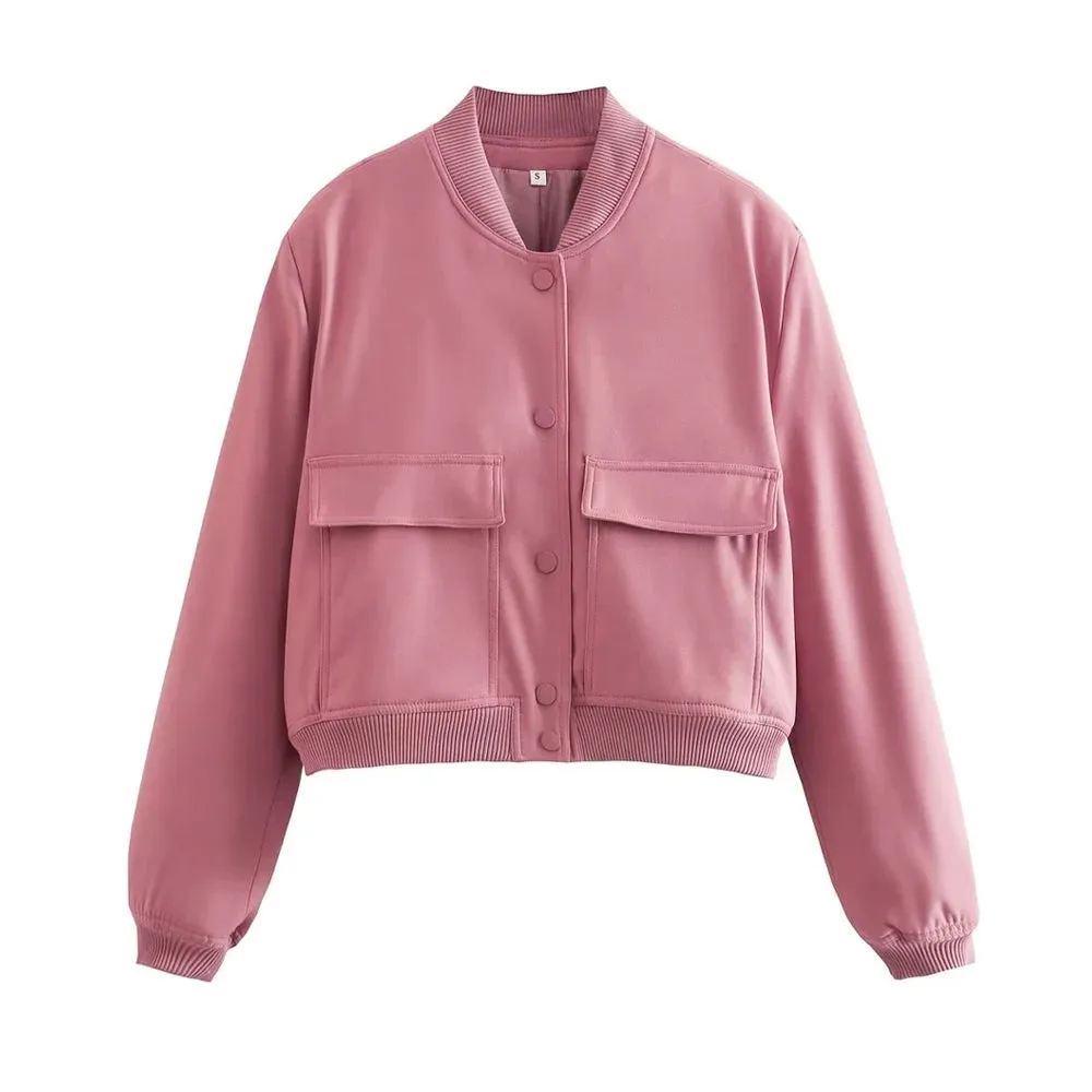 ZRN Women's Vintage Bomber Jacket with Pockets - Long Sleeve Button-Up Chic Outerwear