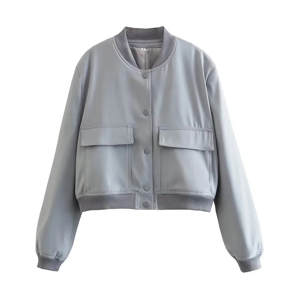 ZRN Women's Vintage Bomber Jacket with Pockets - Long Sleeve Button-Up Chic Outerwear