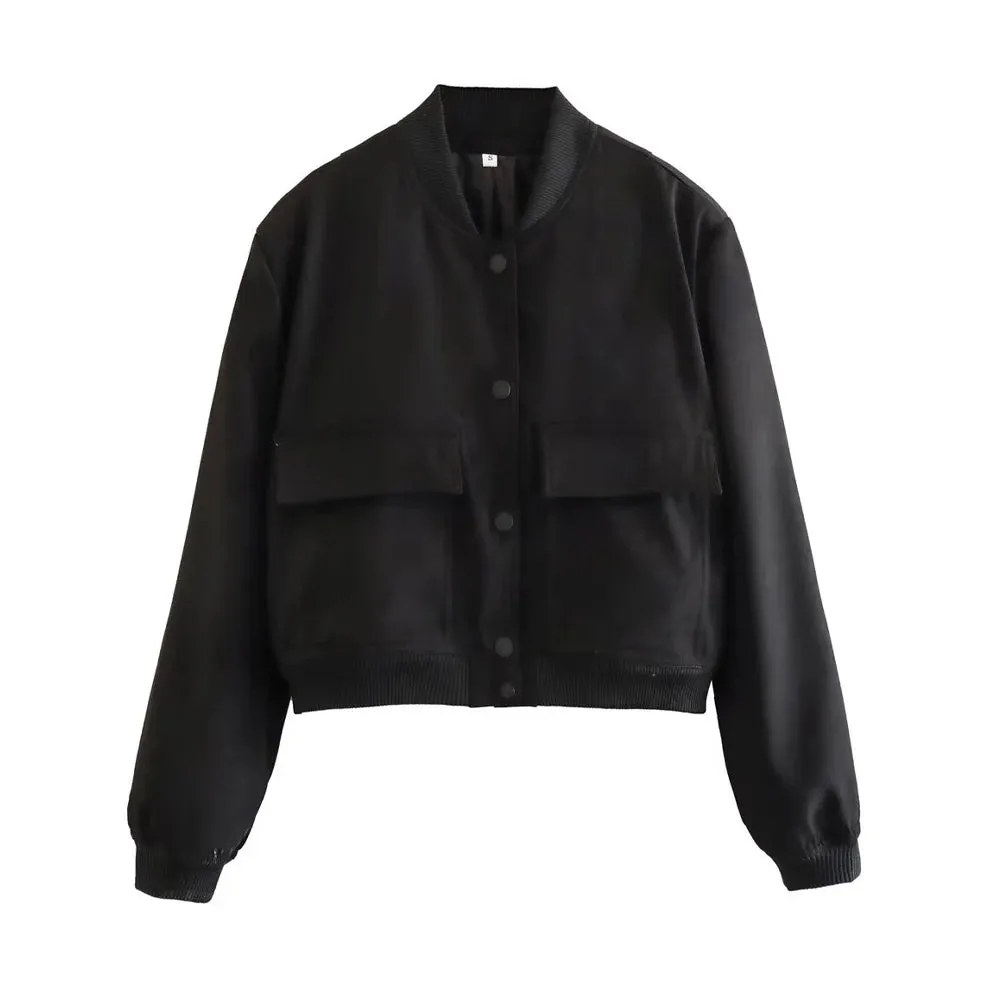 ZRN Women's Vintage Bomber Jacket with Pockets - Long Sleeve Button-Up Chic Outerwear