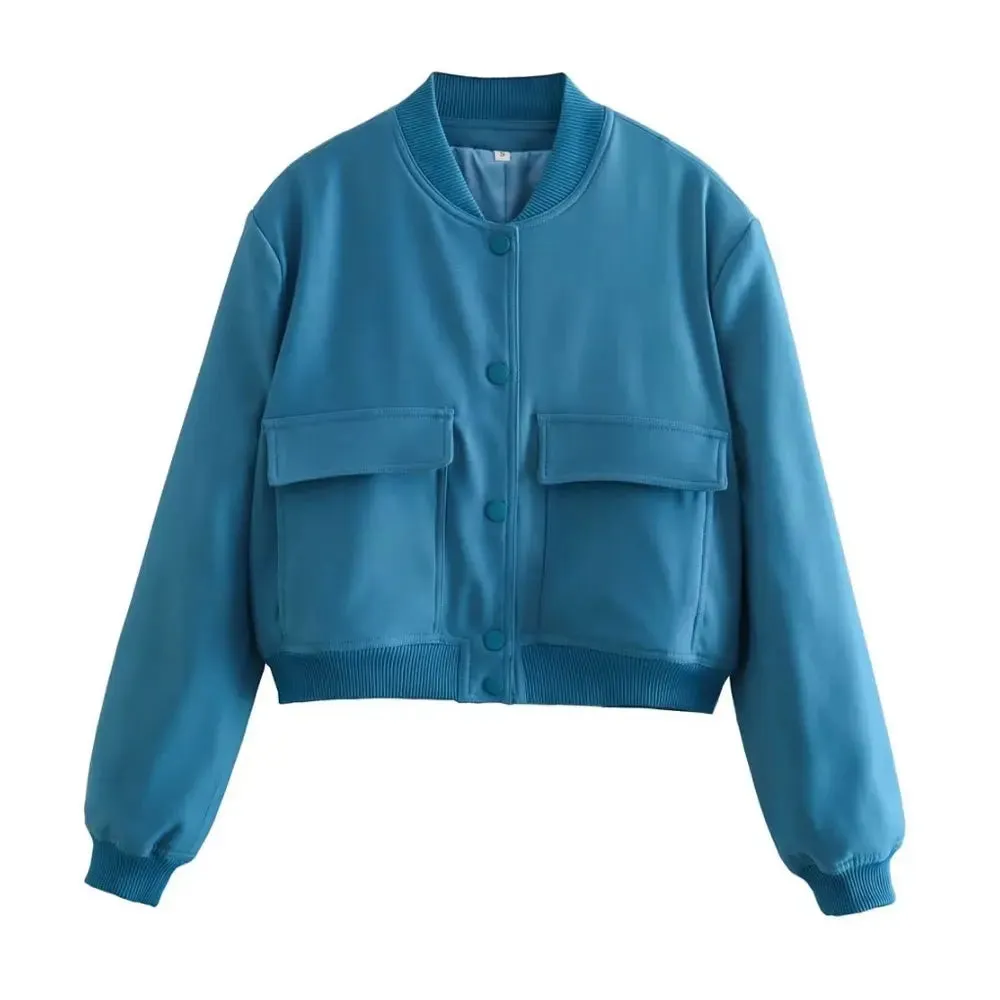 ZRN Women's Vintage Bomber Jacket with Pockets - Long Sleeve Button-Up Chic Outerwear