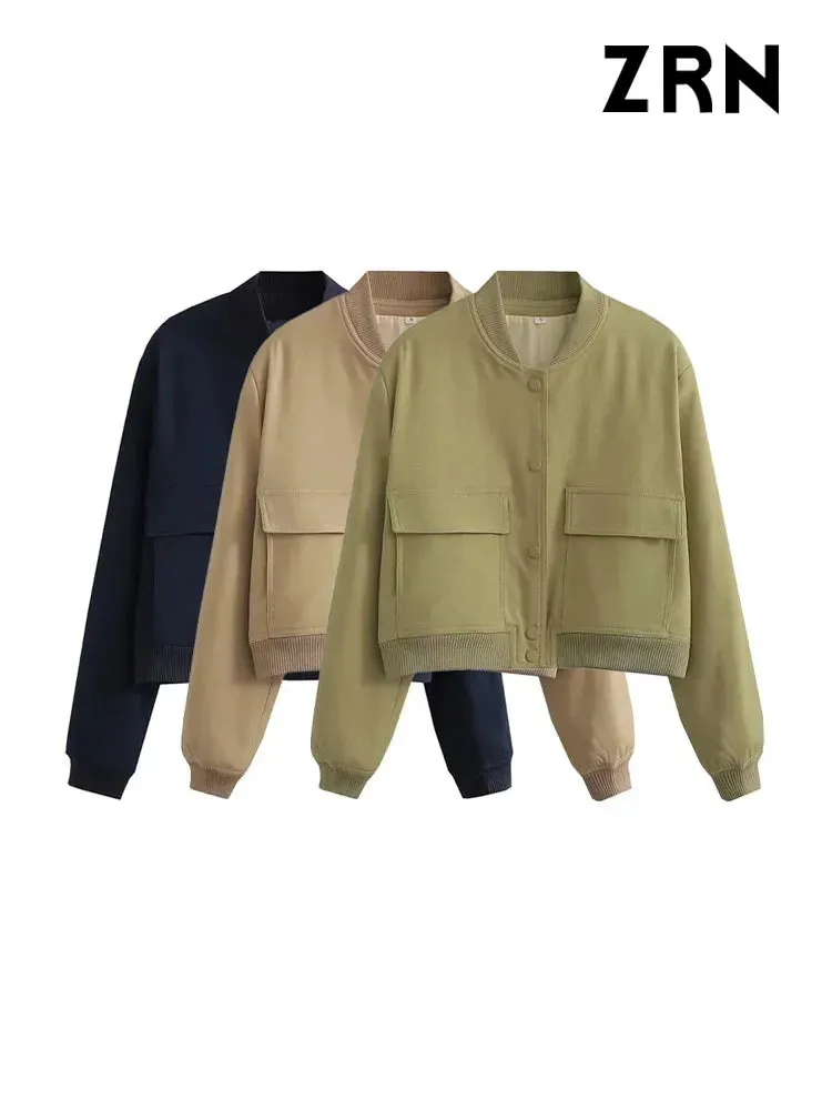ZRN Women's Vintage Bomber Jacket with Pockets - Long Sleeve Button-Up Chic Outerwear