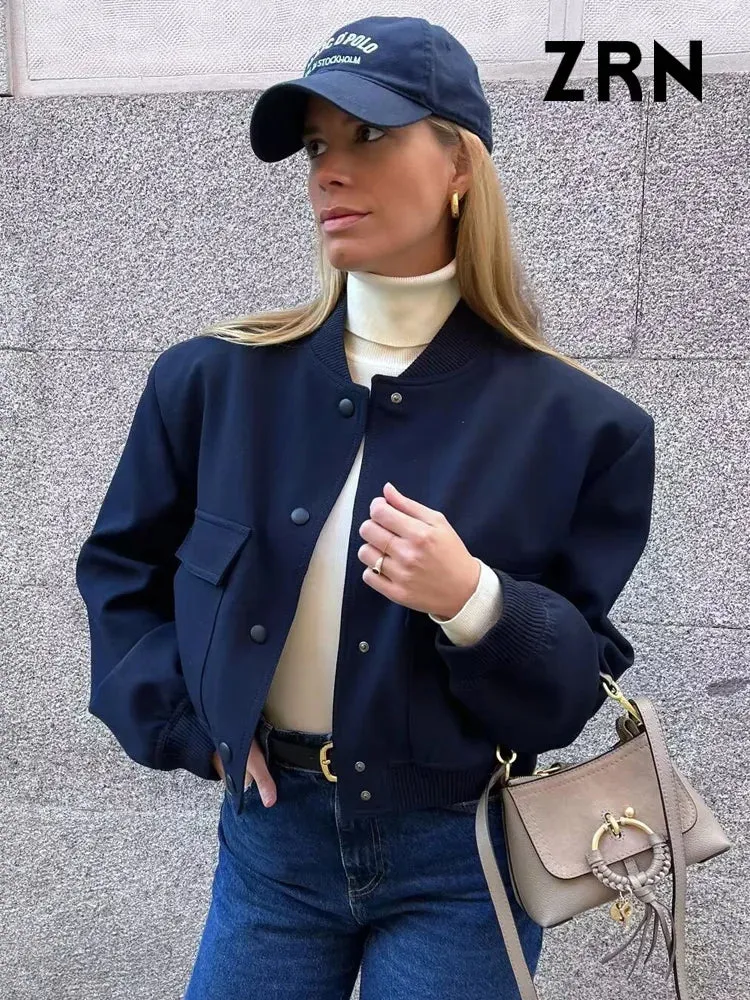 ZRN Women's Vintage Bomber Jacket with Pockets - Long Sleeve Button-Up Chic Outerwear