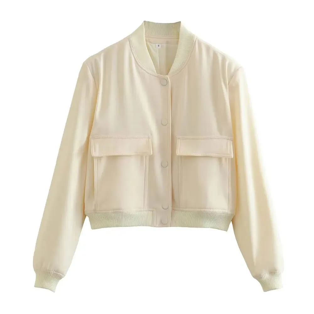 ZRN Women's Vintage Bomber Jacket with Pockets - Long Sleeve Button-Up Chic Outerwear