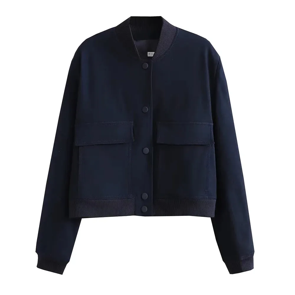ZRN Women's Vintage Bomber Jacket with Pockets - Long Sleeve Button-Up Chic Outerwear